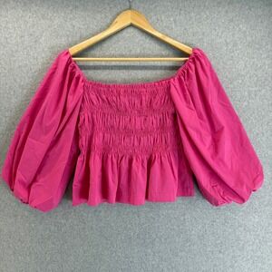 The Impeccable Pig Hot Pink Smocked Square Neck Bishop Sleeve Top Blouse Small